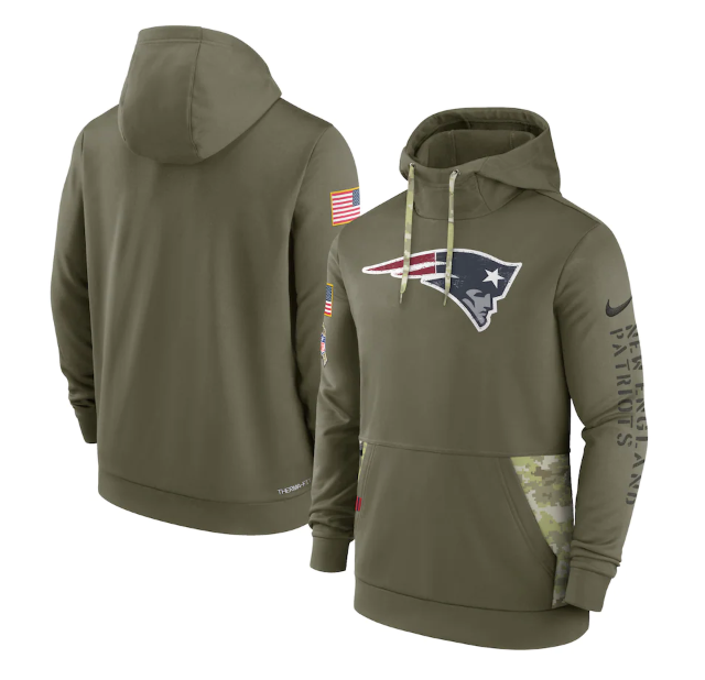 Men's New England Patriots 2022 Olive Salute to Service Therma Performance Pullover Hoodie Men's New England Patriots 2022 Olive Salute to Service Therma Performance Pullover Hoodie